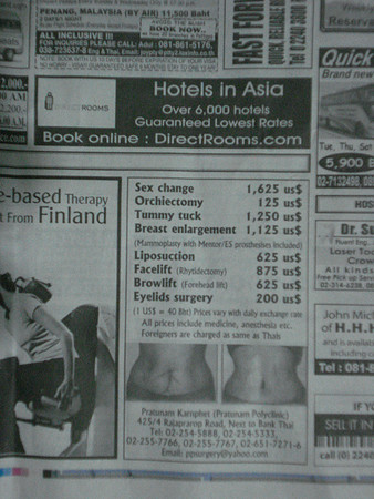 Advertisement for sex change operation in a Bangkok newspaper, Bangkok - Thailand.