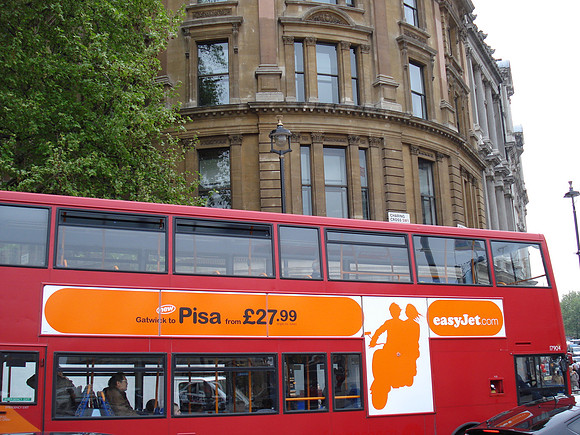 Gatwick to Pisa easyJet advertisement on a double decker London bus, London - England.