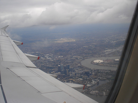 Canary Wharf and Millenium Dome from the air, London - England.