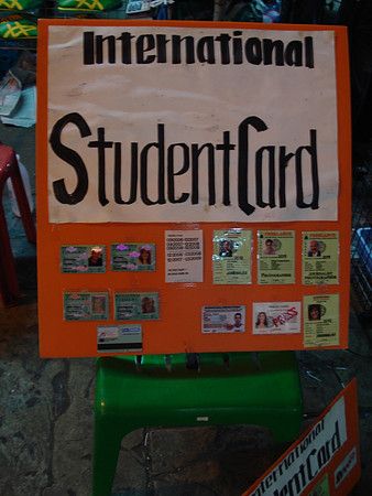 Fake student cards for sale on Khao San Rd, Bangkok - Thailand.